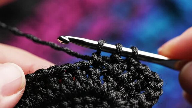 Close-up of a crocheting project with black yarn and a silver crochet hook creating textured fabric