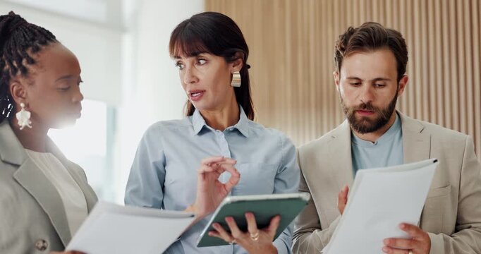 Tablet, document or business people with discussion in office, proposal review or meeting for investment. Trading project, talking or team with research for options, tech or explain risk for feedback