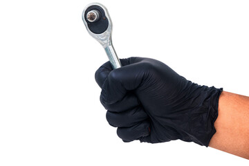 hand holding a wrench isolated on white background