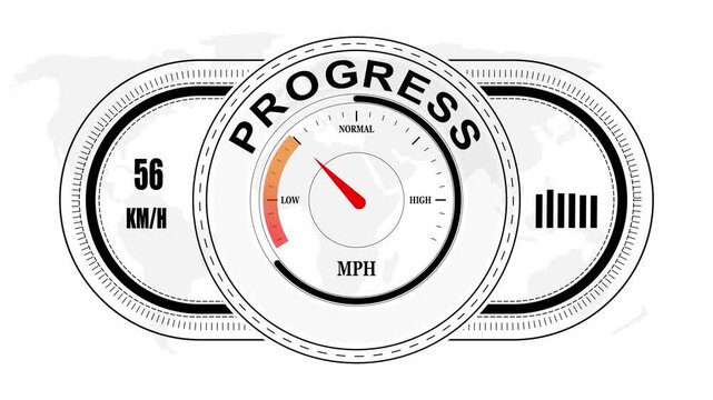 Universal level meter indicator with PROGRESS text Animation.Gauge scale meter status performance 4K motion background.System status risk health emotion performance gauge icon.