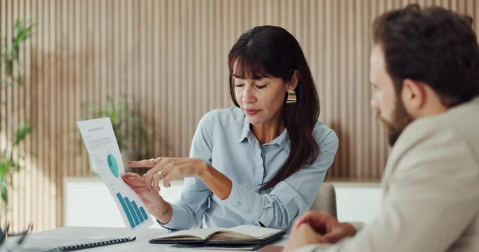 Man, woman and planning with documents for graphs, point or team with feedback at investment company. People, broker and advisor with paperwork, charts and review stats at asset management agency