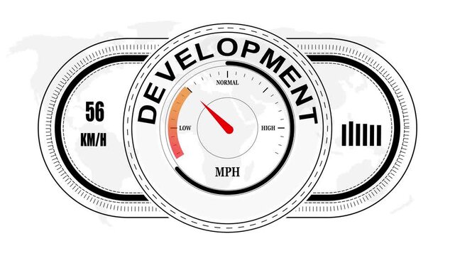 Universal level meter indicator with DEVELOPMENT text Animation.Gauge scale meter status performance 4K motion background.System status risk health emotion performance gauge icon.