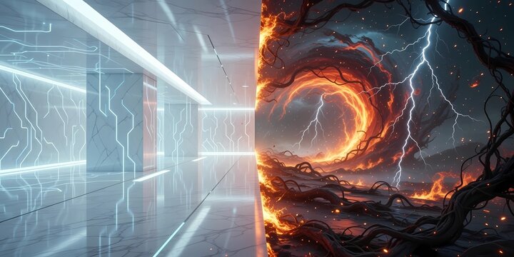 Digital Realm Meets Fiery Chaos: Clean, Illuminated Lines of a Futuristic Interior Versus a Swirling Vortex of Fire and Energy.
