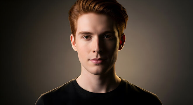 Close up portrait of a young person with red hair and professional makeup wearing a black shirt in a studio setting with soft lighting