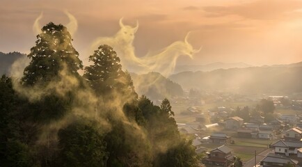 近隣の町に襲いかかる、悪魔の形をした杉の花粉(ai生成画像)