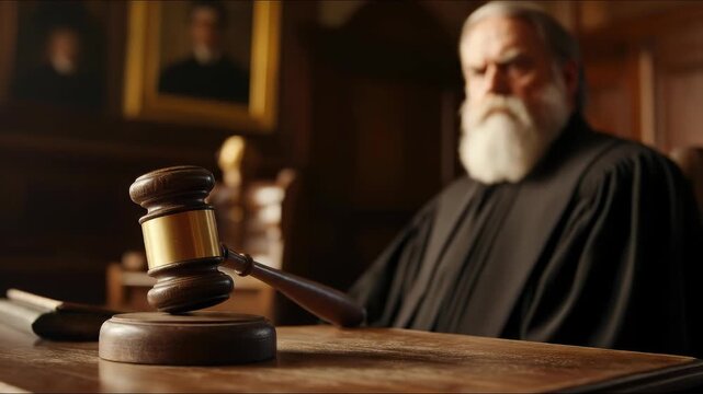 Representing justice, a dignified judge presiding over the court, gavel ready for fair judgment, legal authority maintaining order and equity, courtroom setting