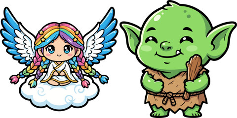 Obraz premium Cute Fantasy Characters Set: Angel and Goblin Cartoons