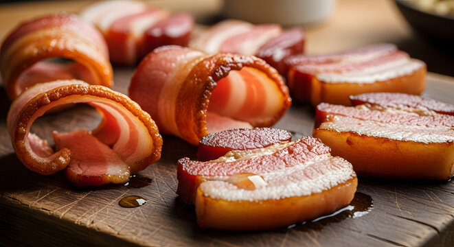 close up of juicy cooked back bacon strips rolled and sliced on a rustic wooden cutting board with oil droplets