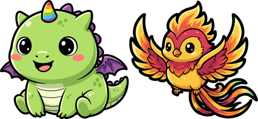 Fototapeta premium Adorable Cartoon Dragon and Phoenix Fantasy Characters
