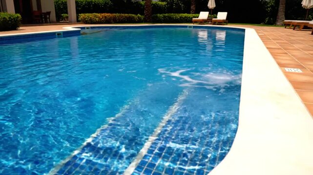 Luxurious outdoor swimming pool with glistening blue water and tiled steps in a sunny resort setting