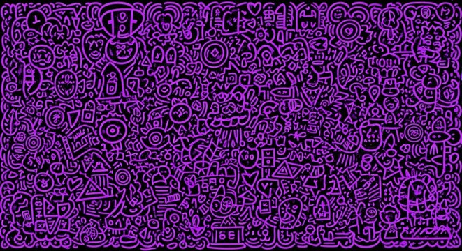 A vibrant purple doodle background with various cartoon characters and symbols