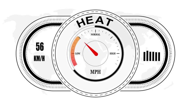 Universal level meter indicator with HEAT text Animation.Gauge scale meter status performance 4K motion background.System status risk health emotion performance gauge icon.