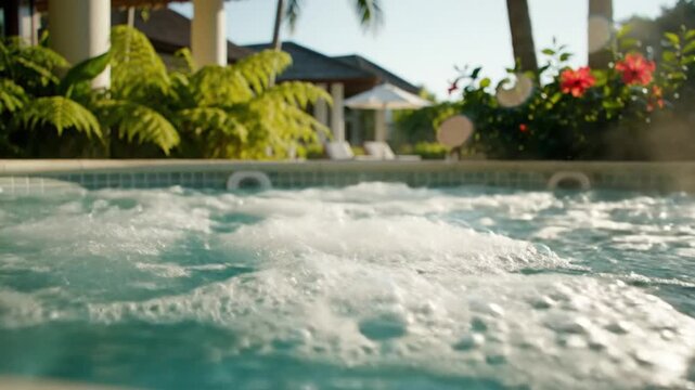 Relaxing outdoor spa with bubbling water surrounded by lush greenery, flowers, and parasol under bright sunshine