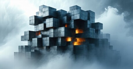 Towering structure built from cubes. Dramatic lighting, misty atmosphere creates surreal scene. Warm glow emanates from within building.