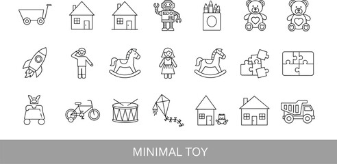 Minimalist Vector Icon Set of Kids Toys Featuring Rocket Teddy Bear Robot House and Bicycle for Childhood Play Design Elements © MdAminur