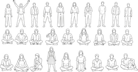 Fototapeta premium Minimalist Vector Illustration of Diverse People Silhouette Set Featuring Standing and Sitting Poses in Black and White Sketch Style