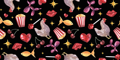 seamless pattern Surrealistic set of different objects. BAlloon in shape of dog, popcorn, lips, fish, chicken, lobster, cherry, lollipop, heart. For creative design, textile. Hand drawn watercolor