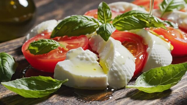 Delicious caprese salad with fresh mozzarella, sliced tomatoes, basil leaves, and drizzled olive oil on wooden board