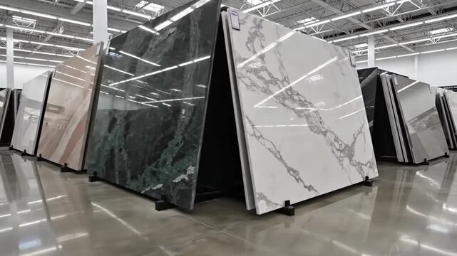 Large slabs of marble and granite displayed in a showroom with polished reflective floors and bright lighting.