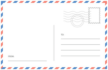 Obraz premium Minimal postal card back design in airmail style featuring striped frame, to and address fields, and vertical divider line. Editable vector mockup for invitations, greetings, and direct mail stationer