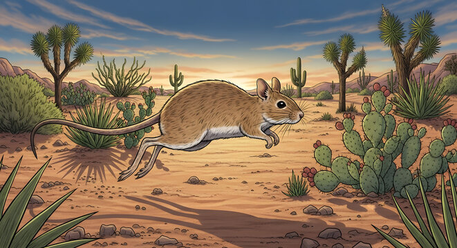 A small kangaroo rat jumping through a dry desert landscape filled with various cacti and yucca plants under a warm sunset