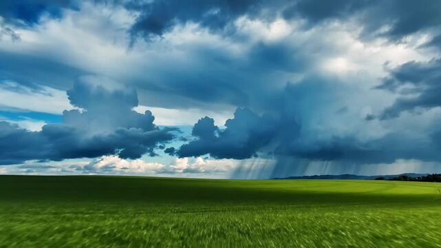 Epic scenic landscape of a green field with dramatic storm clouds and rain showers creating a beautiful sky