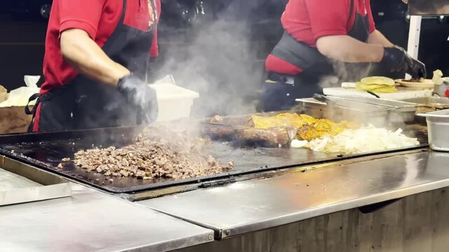 Two food stall cooks work a flat-top grill, chopping meat and saut&eacute;ing onions as steam billows across the stainless prep station during a busy service.
