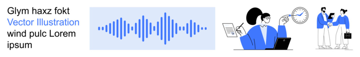 Obraz premium Audio analysis, teamwork, communication, presentation, business collaboration, innovative solutions. Blue audio waveform and professionals working with data. Audio analysis and teamwork concept