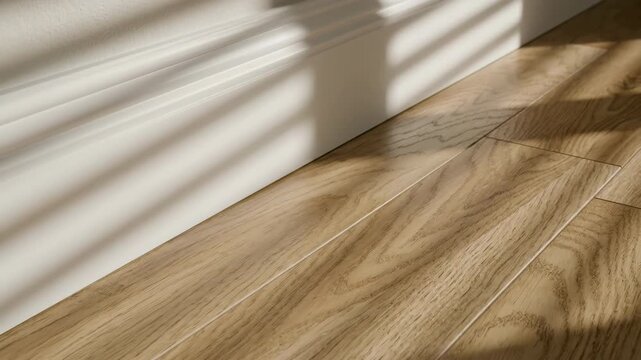 Seamless abstract looping motion focusing on the repetitive sharp shadow lines cast across the clean white molding and the horizontal engineered wood planks pattern, focusing, transition