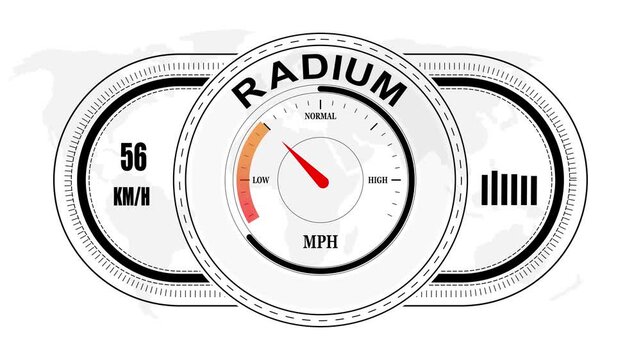 Universal level meter indicator with RADIUM text Animation.Gauge scale meter status performance 4K motion background.System status risk health emotion performance gauge icon.