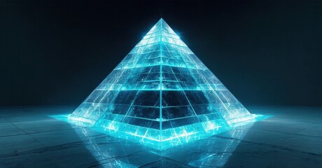 Glowing pyramid structure dominates dark space. Layers visible, reflection present on tiled floor. Futuristic design, intense blue light.