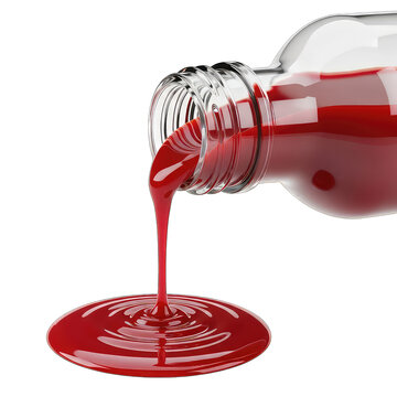 Red liquid pouring from a glass bottle, professional cut-out