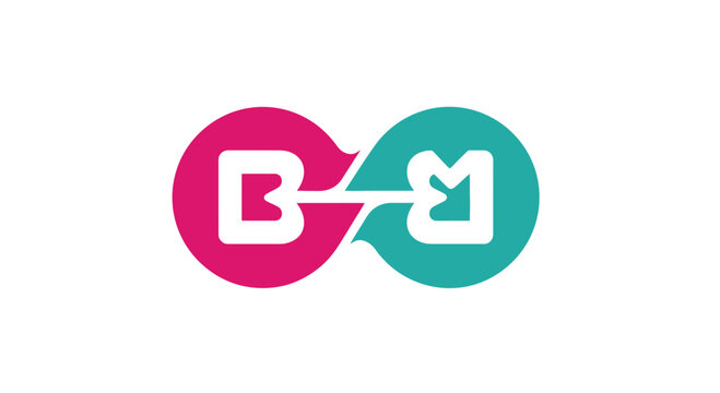 bm logo, pink and green circles with white letters