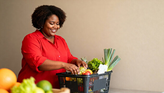 Smiling Black woman arranging fresh fruits and vegetables in a shopping basket. Happy African American female buying healthy groceries. Copy space