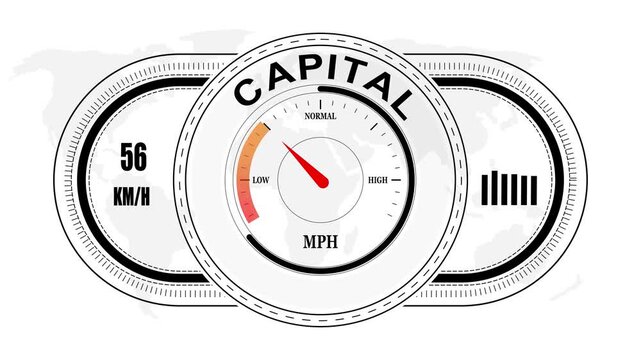 Universal level meter indicator with CAPITAL text Animation.Gauge scale meter status performance 4K motion background.System status risk health emotion performance gauge icon.