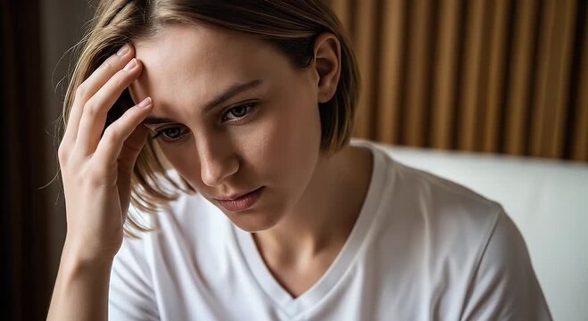 Woman with hand on forehead showing concern and sadness emotional stress captured in soft natural lighting wearing white shirt