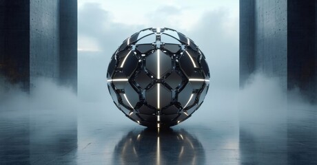 Futuristic sphere glows within concrete structure. Fog surrounds object, creating dramatic lighting effect. Reflective floor enhances visual impact.