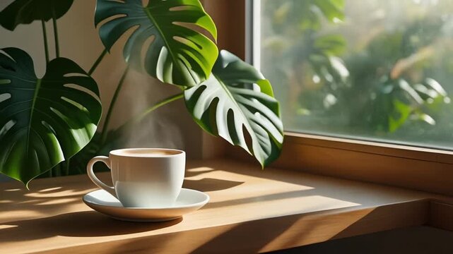 Cafe time with houseplants and beautiful sunlight streaming in