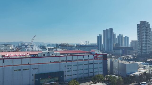 Aerial drone shot of a massive industrial complex and semiconductor factory in Cheongju, South Korea
