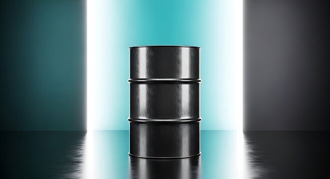 Brushed metal 55 Gallon Barrel positioned against a bright cyan light panel with strong reflections for a futuristic industrial and technology concept illustration