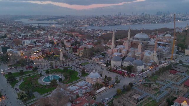 Istanbul, Turkey. Aerial drone view of Blue Mosque Sultan Ahmet Camii in sunset or sunrise. Sultanahmet in historic city areas of Istanbul is a UNESCO World Heritage. Iconic religious landmark