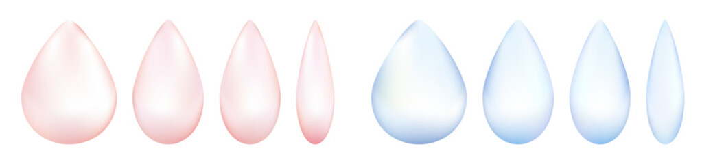 滴型の水のイメージイラストレーションセット。ピンクと青色の2色。白背景にベクターイラスト。