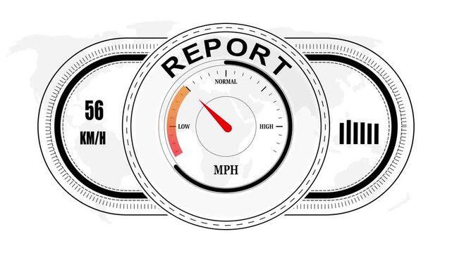 Universal level meter indicator with REPORT text Animation.Gauge scale meter status performance 4K motion background.System status risk health emotion performance gauge icon.