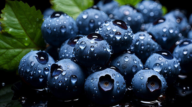 Macro photo of blueberries with leaves and dew drops on a blurred background.