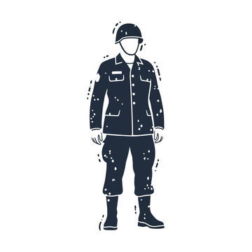 Silhouette of a soldier in uniform with helmet, standing, isolated on white background.