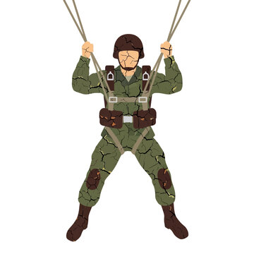Paratrooper soldier descending with parachute, military action, illustration