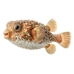 Isolated porcupinefish shows its impressive spiked body. Brown and white patterns adorn its skin, complementing its large eyes and intricate fins, set against a pristine transparent background.