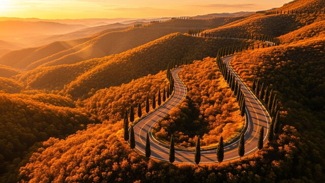 Aerial View of a Scenic Winding Road Lined with Cypress Trees in Tuscany at Golden Hour Sunset, Serpentine Mountain Path