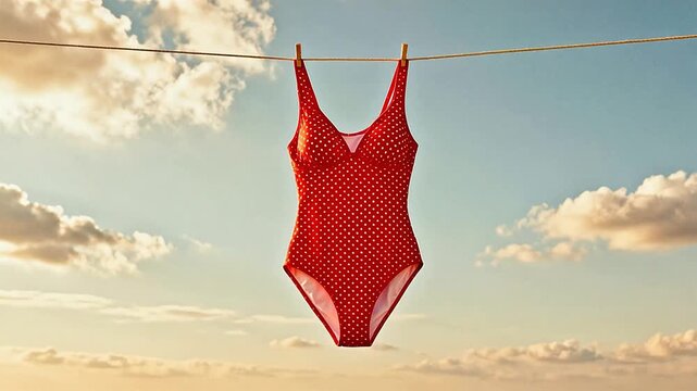 Red polka dot swimsuit on clothesline