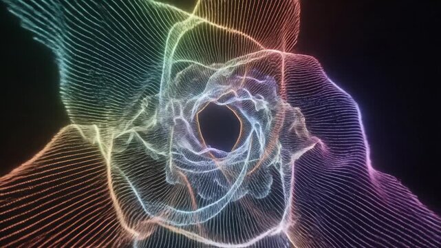 Abstract vibrant sound waves forming intricate evolving energetic patterns with a colorful gradient light effect